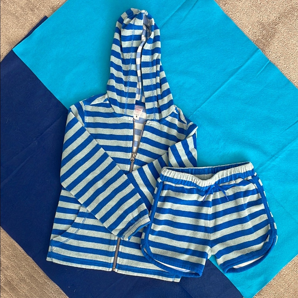 Boys Hanna Anderson Blue and Blue Grey Striped Terry Cloth Hoodie and Shorts Set